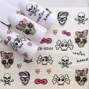 1 pcs Skull Halloween Nail Sticker Water Decals Women White Flower Cat Butterfly Transfer Nail Art Decoration m3b6