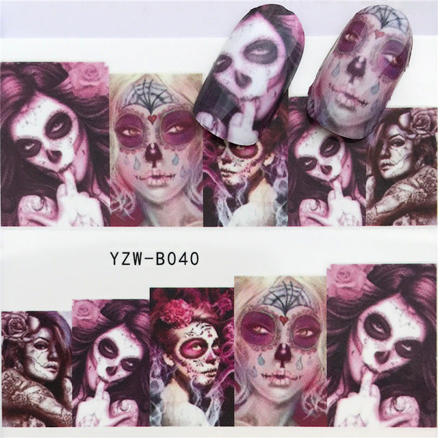 1 pcs Skull Halloween Nail Sticker Water Decals Women White Flower Cat Butterfly Transfer Nail Art Decoration m3b6