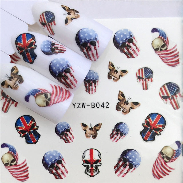 1 pcs Skull Halloween Nail Sticker Water Decals Women White Flower Cat Butterfly Transfer Nail Art Decoration m3b6