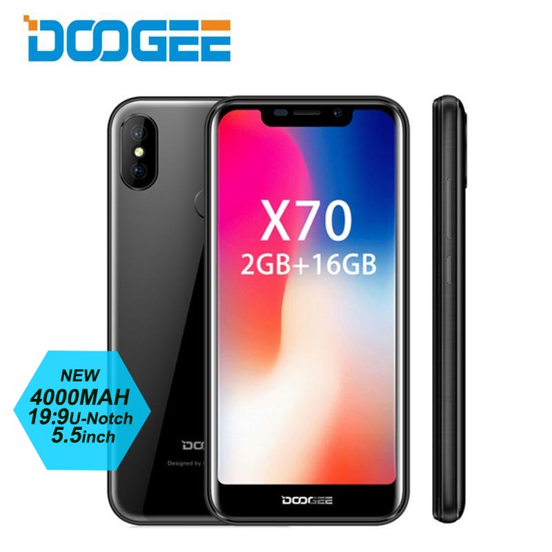 2018 Doogee X70 3G WCDMA Smartphone 4000mah 5.5" 19:9 U-notch screen mobile phone Android 8.1 2GB 16GB Dual cameras 8MP face ID