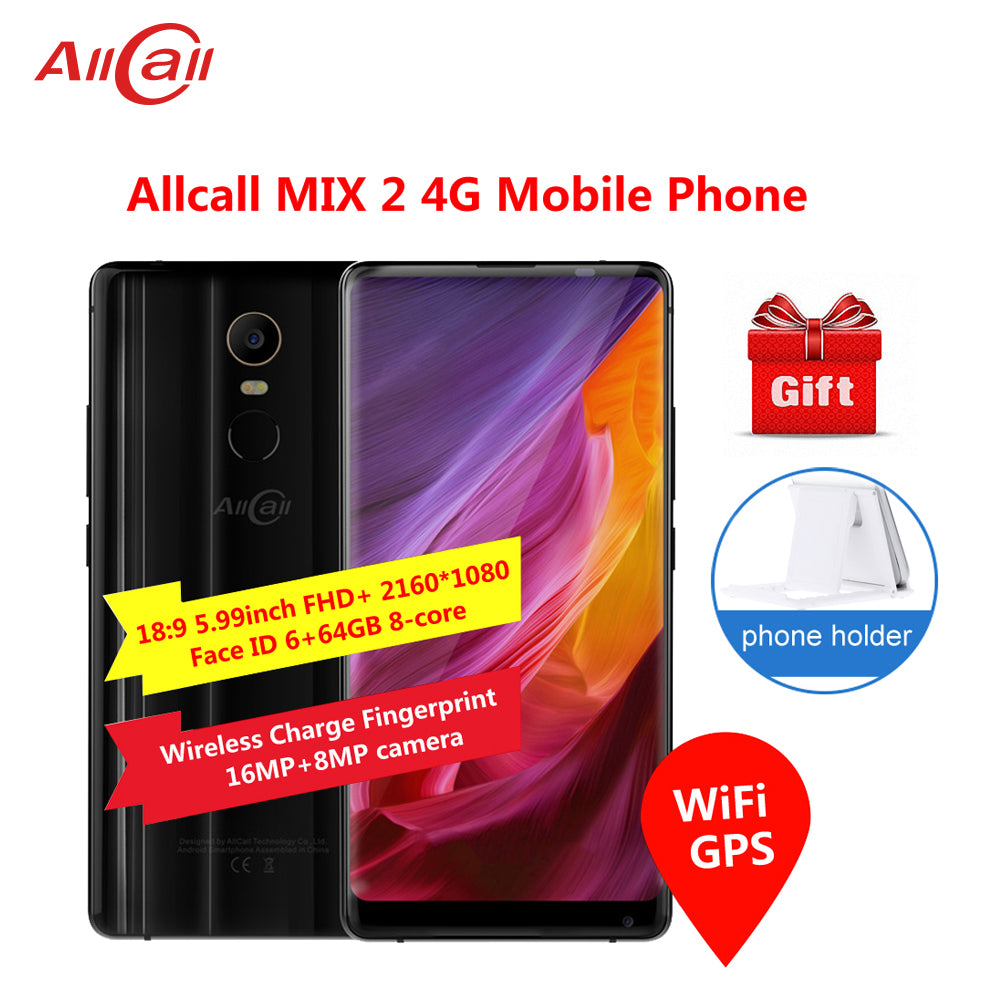 AllCall MIX 2 4G Mobile Phone Face ID Wireless Charge 8-Core Fingerprint 2160*1080 FHD+ 6+64 GB 16MP+8MP SmartPhone with Holder