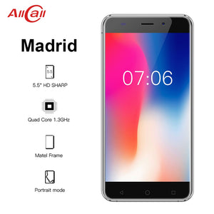 AllCall Madrid 3G Mobile Phone 1280x720 HD Display MT6580 Quad-core 1.3GHz 1+8GB 8MP+2MP Cameras Android 7.0 2600mAh Smartphone