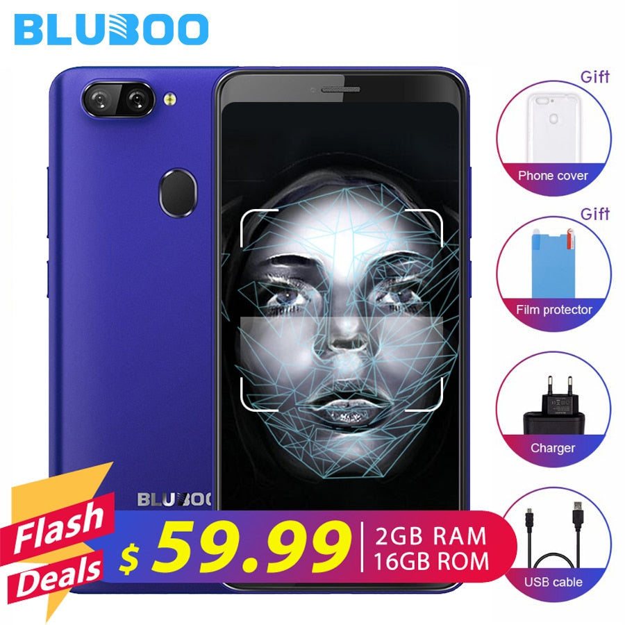 BLUBOO D6 3G WCDMA Mobile Phones Android 8.1 2GB RAM 16GB ROM MT6580A Quad Core Smartphone Dual Back Cameras 5.5 inch Cell Phone