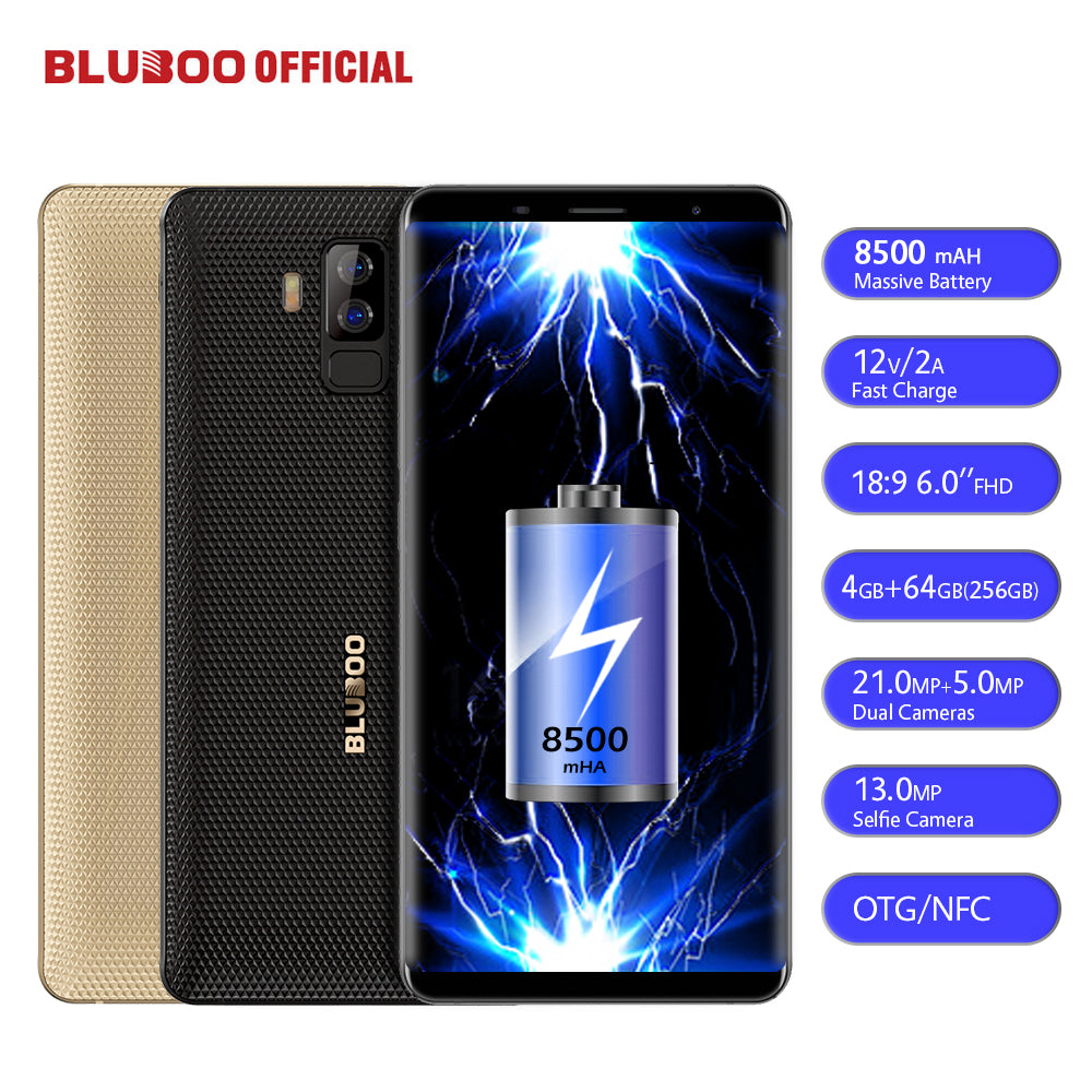 BLUBOO S3 8500mAh 6.0'' FHD+ Smartphone 4GB RAM 64GB ROM MTK6750T Octa Core 21MP+5MP Dual Rear Cameras NFC OTG 4G Mobile Phone