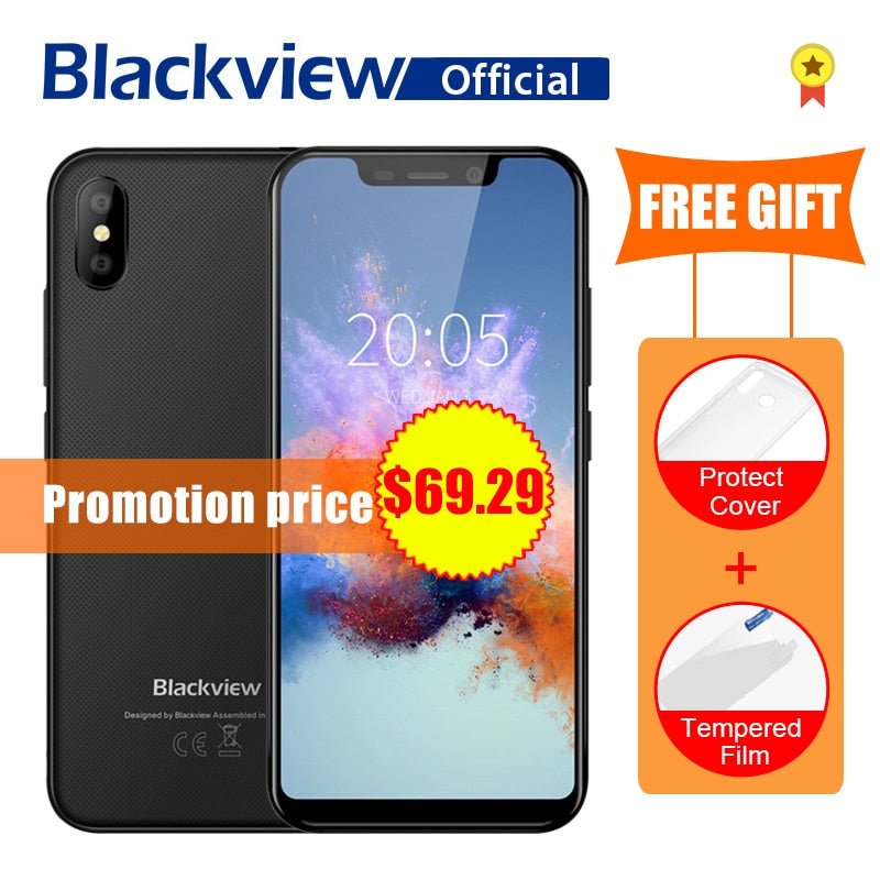 Blackview A30 Smartphone MTK6580A Quad Core 5.5" 19:9 All Screen Cellphone 8MP Dual Camera Face ID 2500mAh 2GB 16GB Mobile Phone