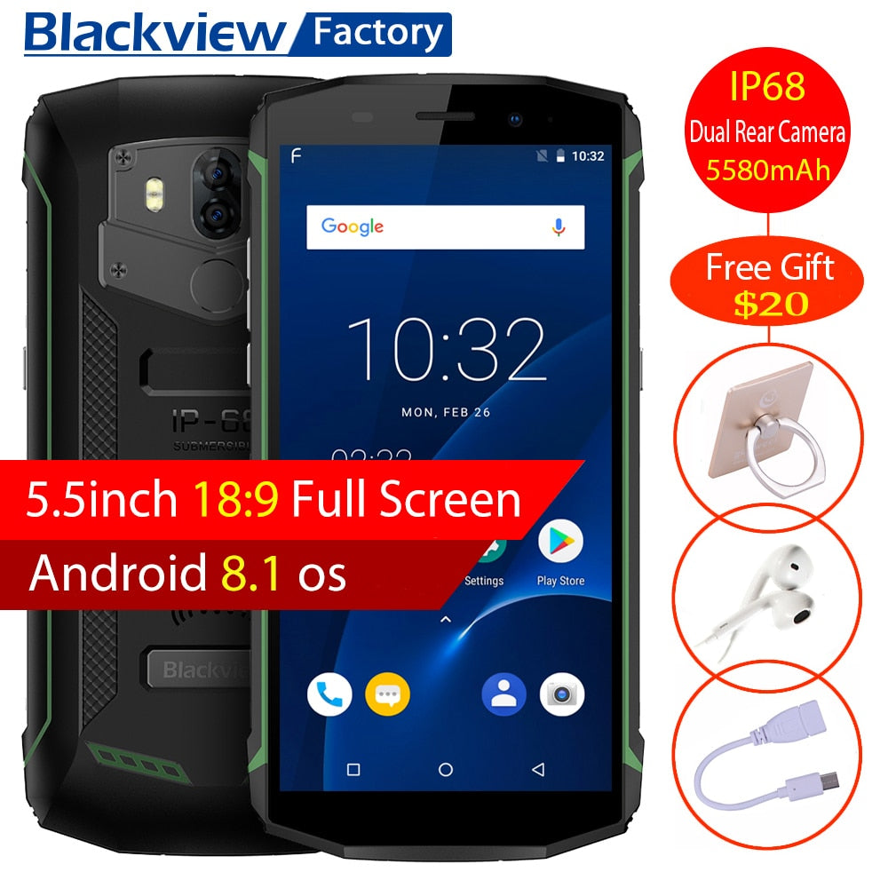 Blackview BV5800 Smartphone IP68 Waterproof 5.5inch 18:9 HD+ Android 8.1 Mobile Phone Dual Rear Camera 13.0MP NFC GPS Cell Phone