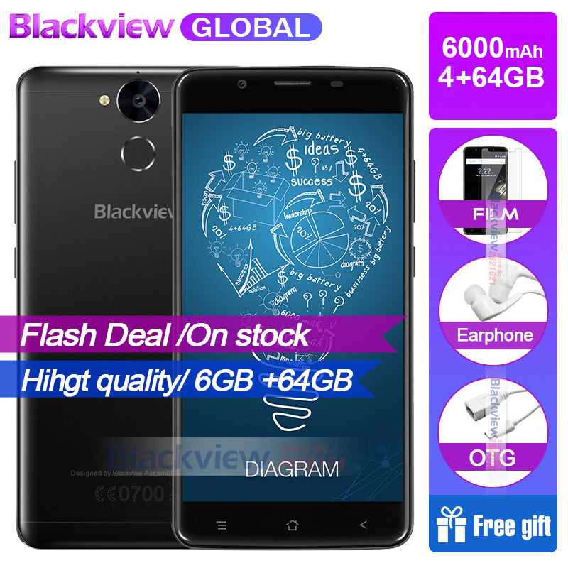 Blackview P2 Mobile Phone 6000mAh Fingerprint ID MTK6750T Octa Core 5.5" 1080P 13MP Camera Metal Body 9V2A Quick Charge