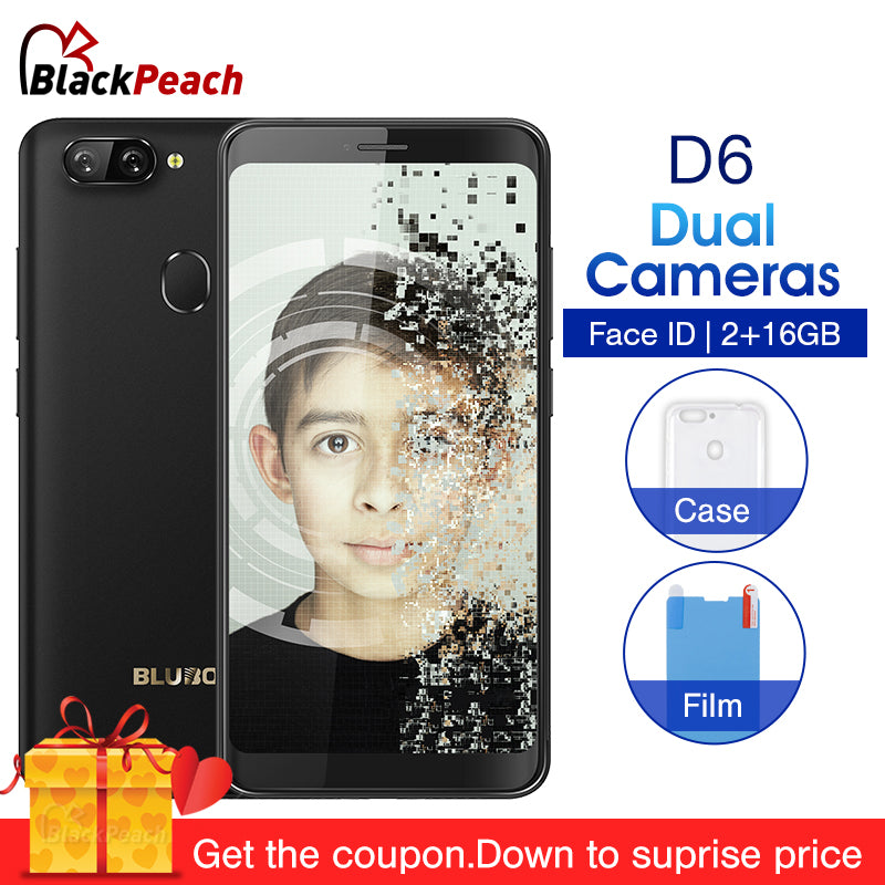 Bluboo D6 5.5 inch 18:9 Screen Smartphone Android 8.1 8MP Dual Camera 2GB RAM 16GB ROM MTK6580A 2700mAh Face ID Mobile Phone