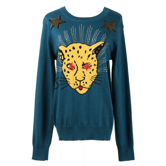 Casual Fashion Women Colorful Stripe Sweater Tiger Head Embroidery Pattern Female Autumn Spring Winter Knitting Tops Leopard