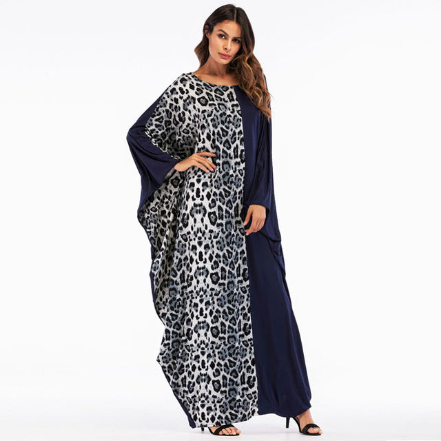 Casual Sexy One Size Maxi Women Dress Long Sleeve Floor Length Leopard Blue Muslim Long Dresses Loose Oversize Batwing Sleeve