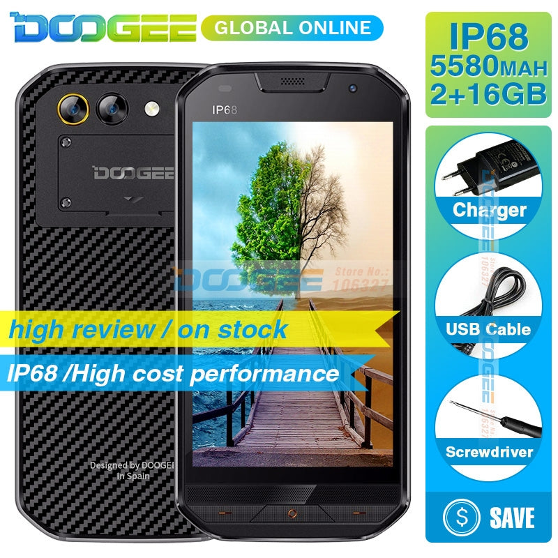 DOOGEE S30 5.0"HD Mobile Phone IP68 Waterproof 5580mAh  2GB 16GB 8MP Dual Rear Camera MTK6737V Quad Core  Android 7.0 Smartphone