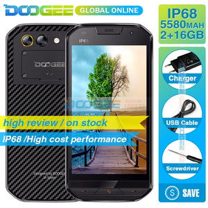 DOOGEE S30 5.0"HD Mobile Phone IP68 Waterproof 5580mAh  2GB 16GB 8MP Dual Rear Camera MTK6737V Quad Core  Android 7.0 Smartphone