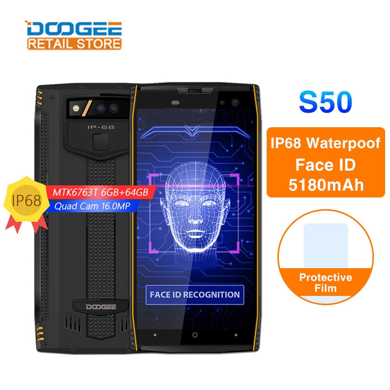 DOOGEE S50 6GB 64GB IP68 Waterproof mobile phone Android 7.1 MTK6763 Octa Core 18:9 display 16MP 5180mAh Fingerprint Smartphone