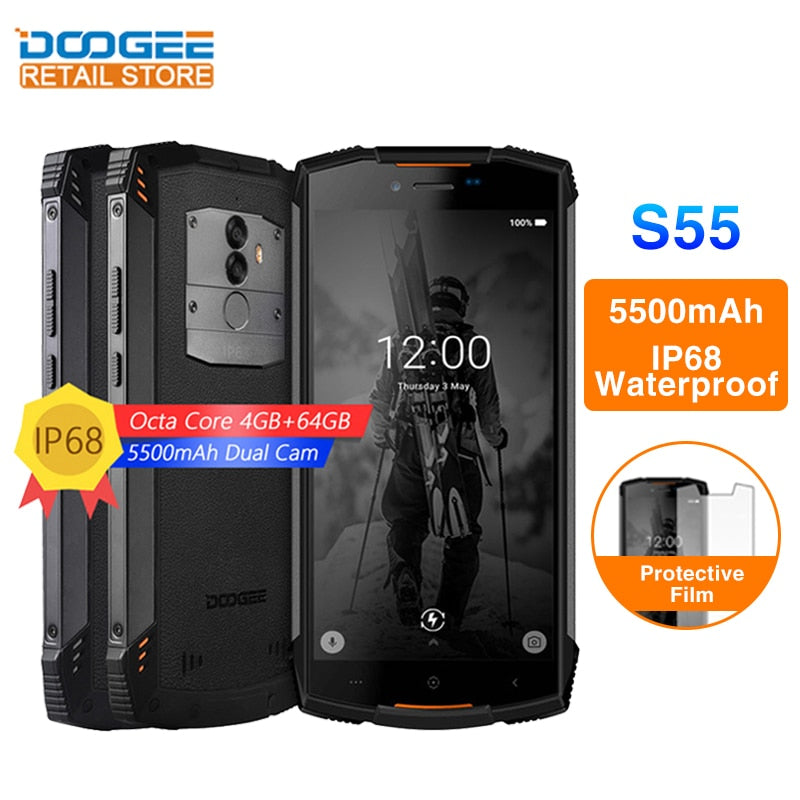 DOOGEE S55 IP68 Waterproof mobile phone Android 8.0 5.5" HD+ MTK6750T Octa Core 4GB 64GB 13MP Dual Camera 5500mAh smartphone