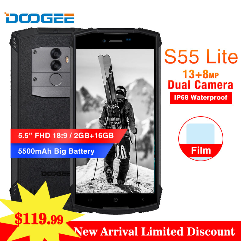 DOOGEE S55 Lite IP68 Waterproof 5.5" HD+ Mobile Phone Android 8.1 MTK6750T Quad Core 2GB 16GB 13MP+8MP 5500mAh Rugged Smartphone