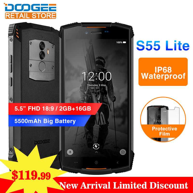 DOOGEE S55 Lite IP68 Waterproof 5.5" HD+ mobile phone Android 8.1 MTK6739 Quad Core 2GB 16GB 13MP+8MP 5500mAh 4G Smartphone