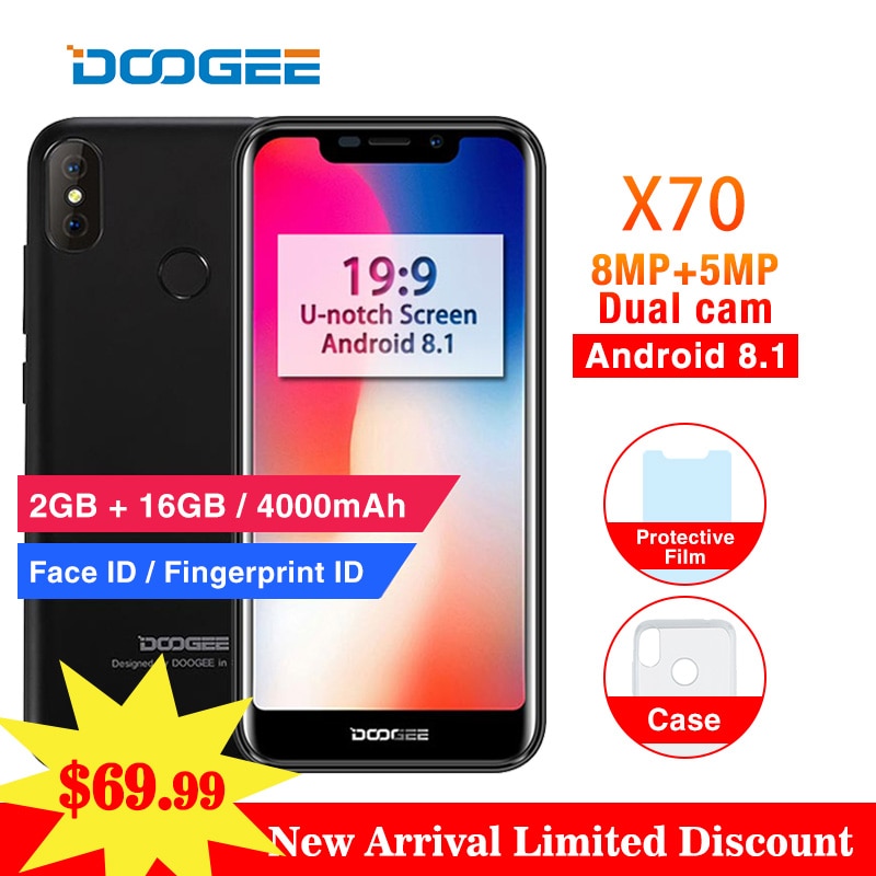 Doogee X70 5.5" 19:9 Full screen Mobile Phone Android 8.1 2GB 16GB MTK6580A 4000mah Dual Rear Cams 8MP Face ID 3G Smartphone