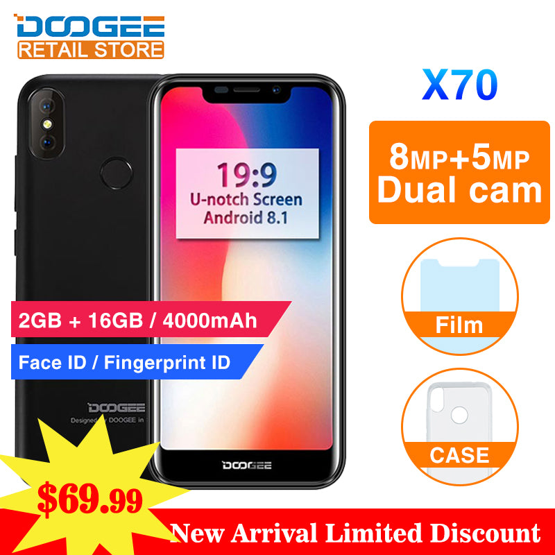 Doogee X70 5.5" 19:9 full screen Mobile phone Android 8.1 2GB 16GB MTK6580 Quad Core 8MP Dual cam Face ID 4000mah 3G Smartphone