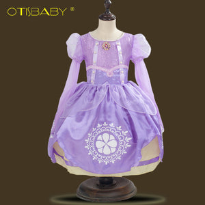 Girls Rapunzel Dress Eveving Party Children Purple Princess Sophia Dress Spring Summer Girl Long-sleeve Tutu Dress Accessories