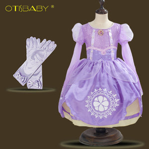 Girls Rapunzel Dress Eveving Party Children Purple Princess Sophia Dress Spring Summer Girl Long-sleeve Tutu Dress Accessories