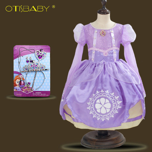 Girls Rapunzel Dress Eveving Party Children Purple Princess Sophia Dress Spring Summer Girl Long-sleeve Tutu Dress Accessories