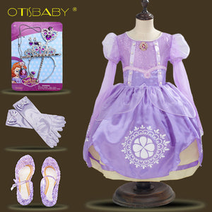 Girls Rapunzel Dress Eveving Party Children Purple Princess Sophia Dress Spring Summer Girl Long-sleeve Tutu Dress Accessories