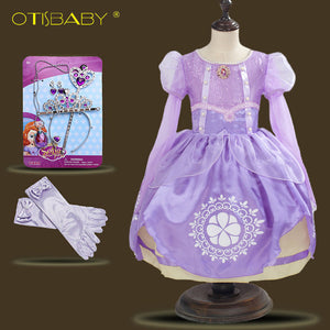 Girls Rapunzel Dress Eveving Party Children Purple Princess Sophia Dress Spring Summer Girl Long-sleeve Tutu Dress Accessories