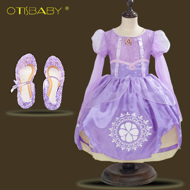 Girls Rapunzel Dress Eveving Party Children Purple Princess Sophia Dress Spring Summer Girl Long-sleeve Tutu Dress Accessories