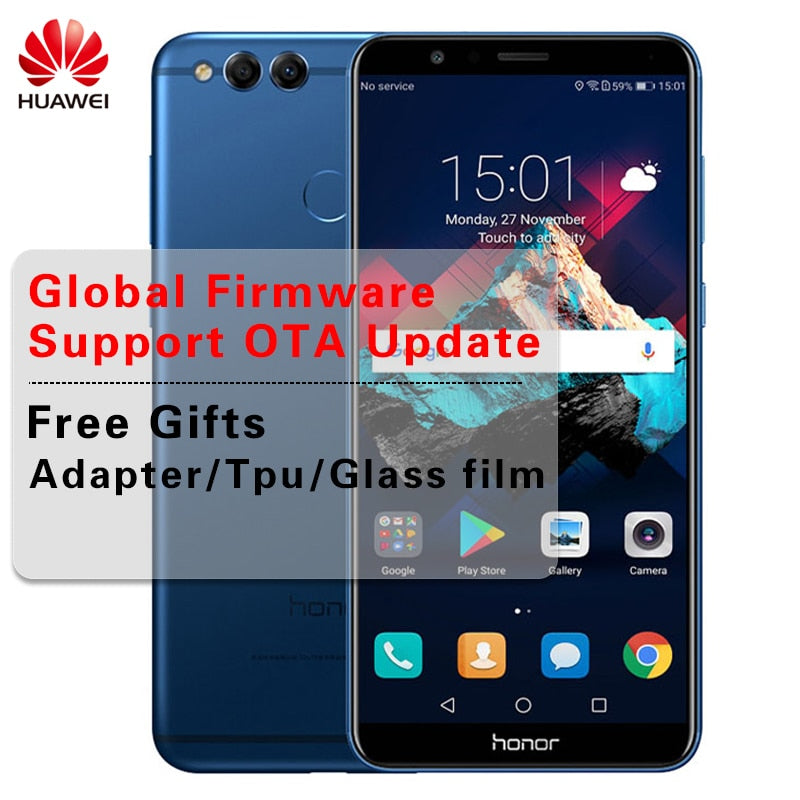 Global ROM Huawei Honor 7X 5.93" Full View Screen 2160*1080pix Android 7.0 Mobile Phone Octa Core 2.4GHz Dual Rear Camera OTA