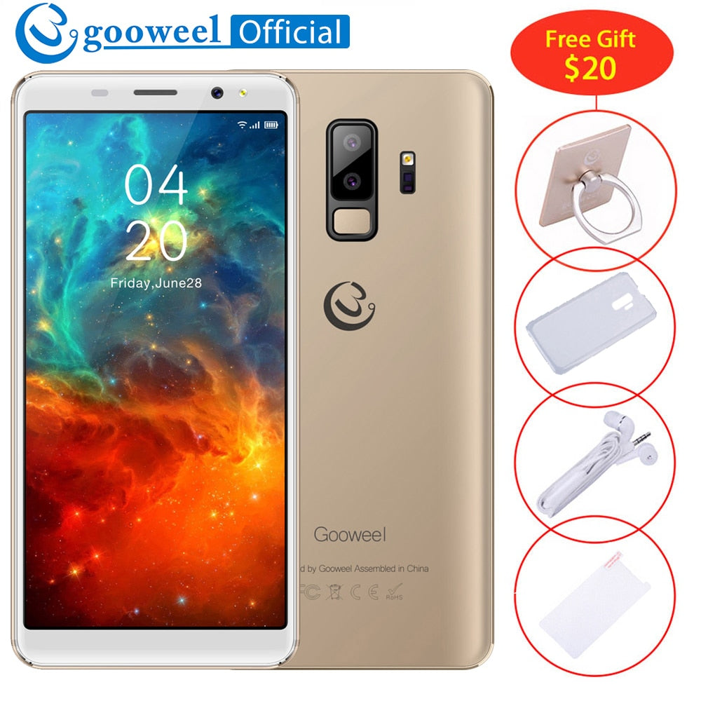 Gooweel S9 Smartphone Face ID 5.72" 18:9 IPS Screen Quad core mobile phone Dual Rear Camera 5.0MP unlocked 3G Cell phone 2500mAh