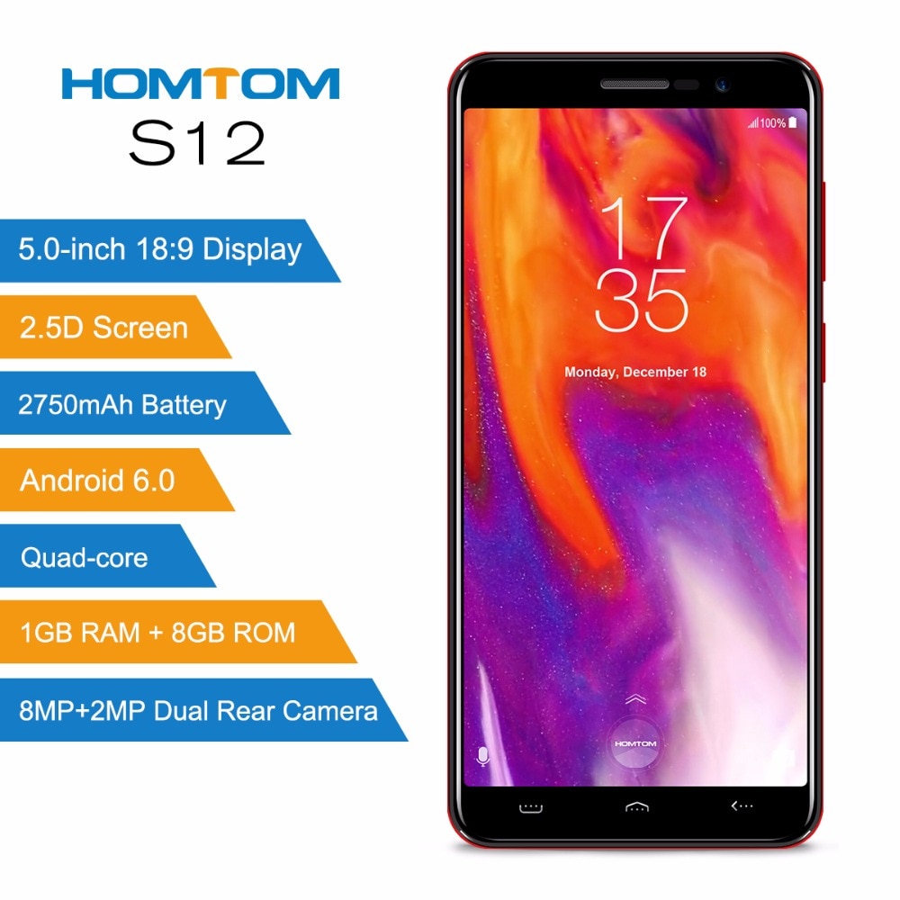 HOMTOM S12 Smartphone 5.0"18:9 Full Display 2750mah 1GB+8GB MTK6580 Quad-core Android 6.0 8MP+2MP Rear cams 3G Mobile Phone