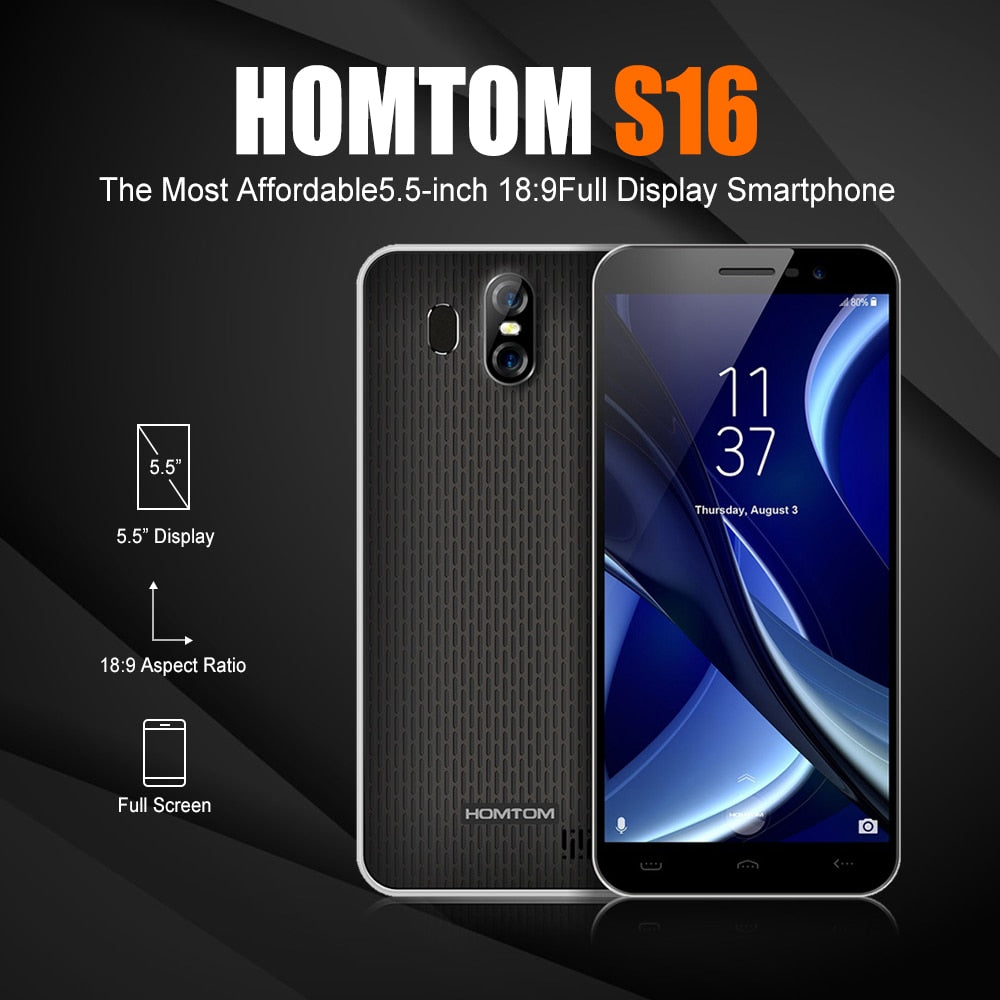 HOMTOM S16 3G Smartphone Android 7.0 MTK6580 Quad-core 1.3GHz 2GB RAM 16GB ROM 5.5 Inch Mobile Phone S16 Full Screen Dual Cams