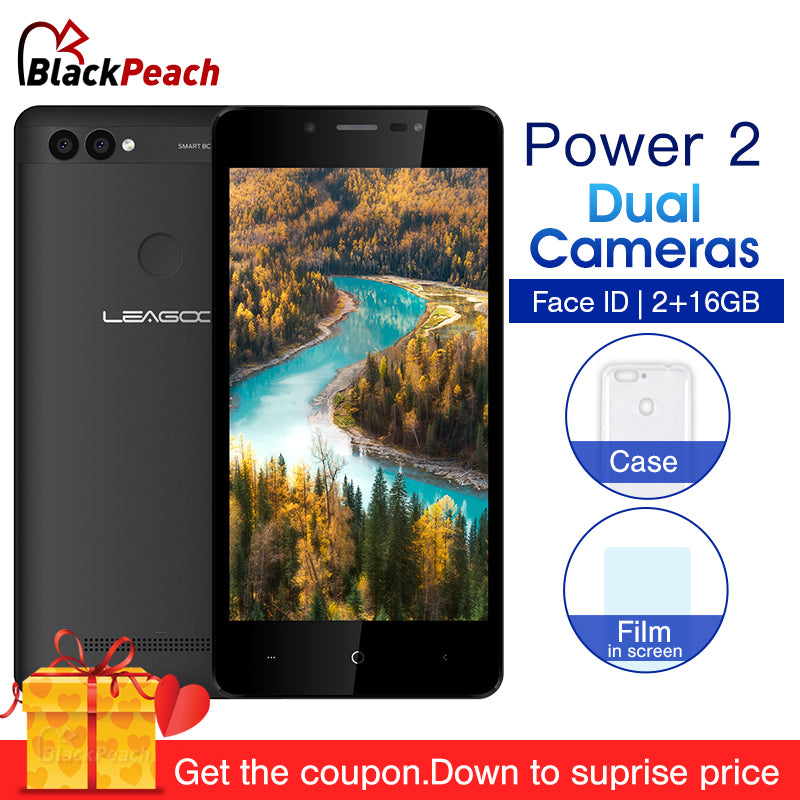 LEAGOO POWER 2 5.0" HD Mobile Phone Android 8.1 MTK6580A Quad Core 2GB 16GB 3200mAh Face ID Dual SIM 8MP Dual Camera Smartphone