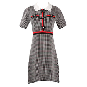 Luxury Chic Runway Summer Dresses for Women Short Sleeve Knitted Mini Plaid Bandage Dress Bead Bow Party Vestidos Brand