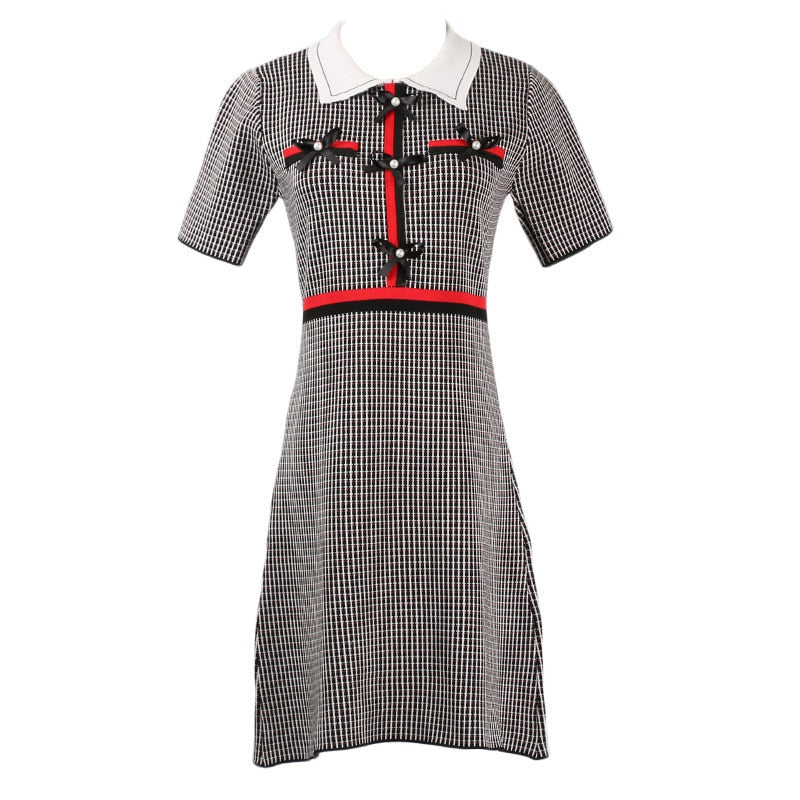 Luxury Chic Runway Summer Dresses for Women Short Sleeve Knitted Mini Plaid Bandage Dress Bead Bow Party Vestidos Brand