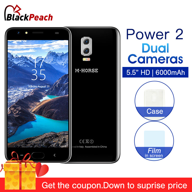 M-Horse Power 2 5.5 Inch Mobile Phone Android 7.0 MTK6737 Quad Core 2GB+16GB Dual Rear Camera 6000mAh Fingerprint 4G Smartphone