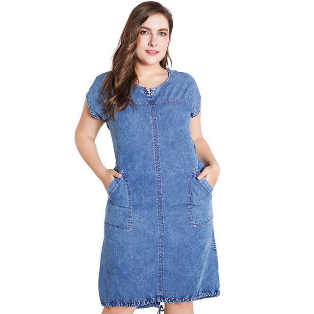 Miaoke Plus Size denim dress  for women clothes 2018 summerRound neck long pockets big size 4xl 5xl 6xl