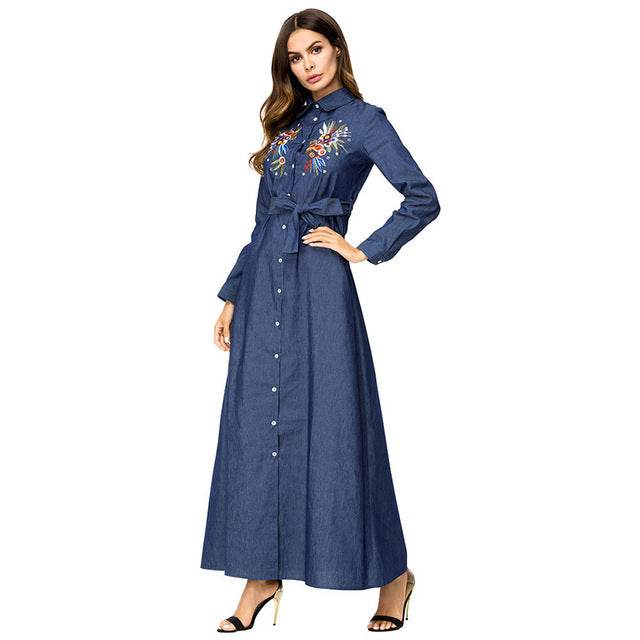 Muslim Denim Dress Abayas For Women Embroidery Bandage Shirt Dresses Arab Dubai Islamic Clothing Ladies Plus Size Fashion Robe