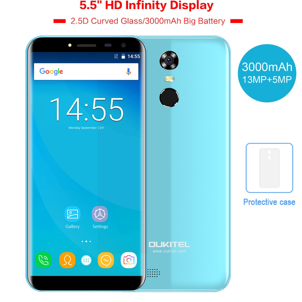 OUKITEL C8 5.5" 18:9 Infinity Dispaly Curved 3G Mobile Phone Android 7.0 Quad Core 2GB+16GB Fingerprint 8MP 3000mAh Smartphone