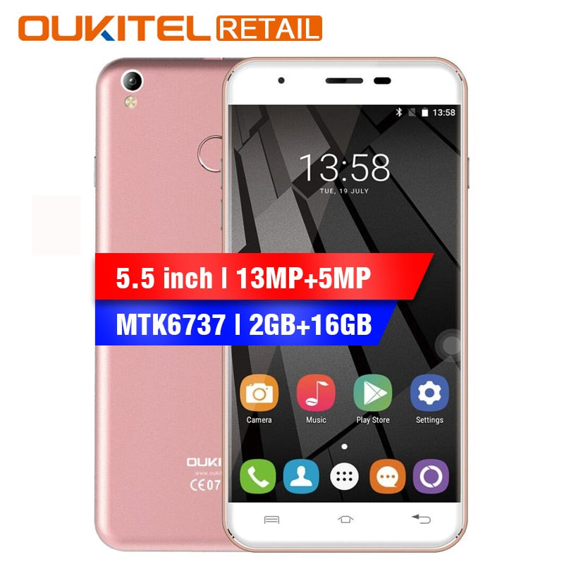 OUKITEL U7 Plus 5.5 Inch Mobile phone Android 6.0 MTK6737 Quad Core 1.3GHz 2G RAM 16G ROM 13MP Fingerprint 4G LTE Smartphone