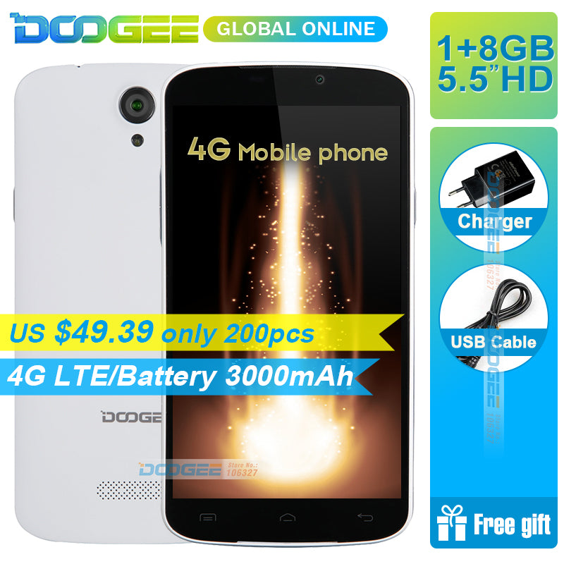 On stock DOOGEE X6S mobile phones 4G LTE 5.5Inch HD 1GB RAM+8GB ROM Android 6.0 Dual SIM MTK6735 Quad Core 5.0MP WCDMA 3000mAh