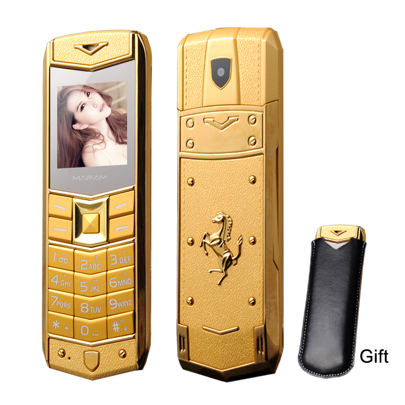 Original Mafam A8 Vibration Luxury Metal Body Car Logo Dual Sim Mobile Cell Phone With Leather Case Gift