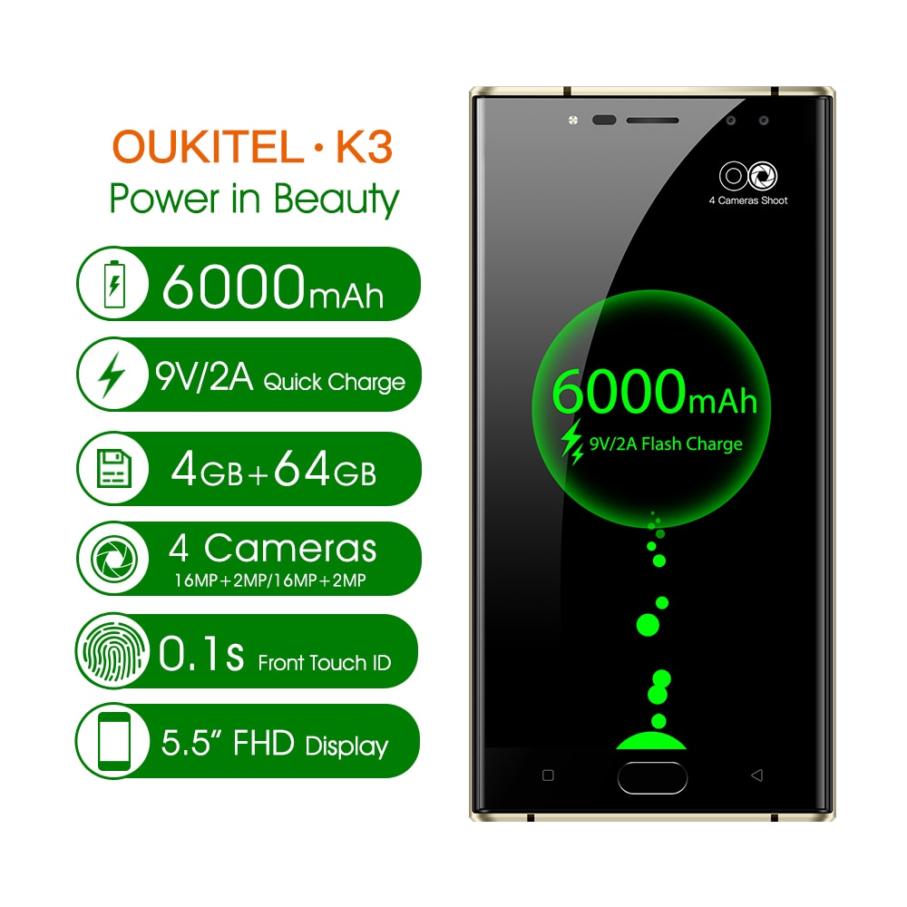 Original Oukitel K3 Mobile Phone 5.5" MT6750T Octa Core Android 7.0 4GB+64GB 6000mAh 4 Camera 4G LTE OTA OTG Mobile Phone