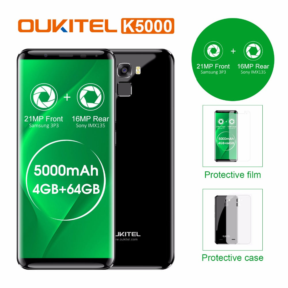 Original Oukitel K5000 4G LTE Mobile Phone 4GB RAM 64GB ROM MT6750V Octa Core Android 7.0 5.7''HD 5000mAh 16MP Fingerprint OTG