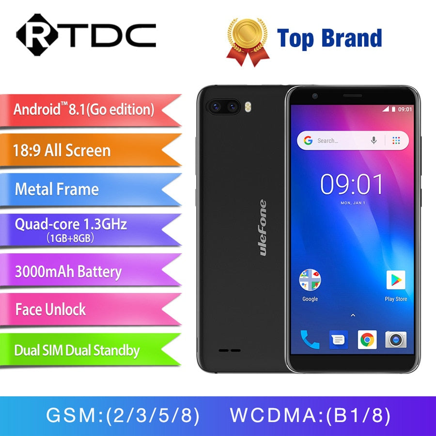 Original Ulefone S1 Android 8.1 smartphone MT6580 Quad Core 5.5''HD 8MP 1GB RAM 8GB ROM 3000mAh 3G WCDMA Face ID Mobile Phone