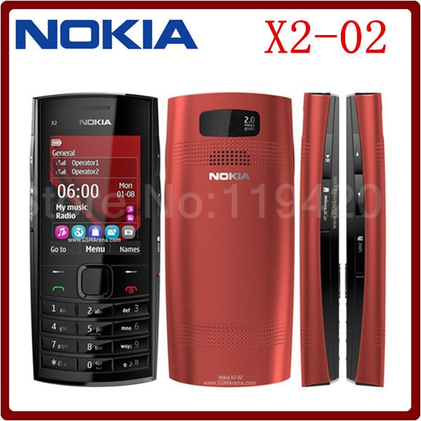 Original Unlocked Nokia X2-02 Single Core Symbian OS Bluetooth FM Radio Dual SIM 1020mAh Black and Red Refurbished Mobile Phone