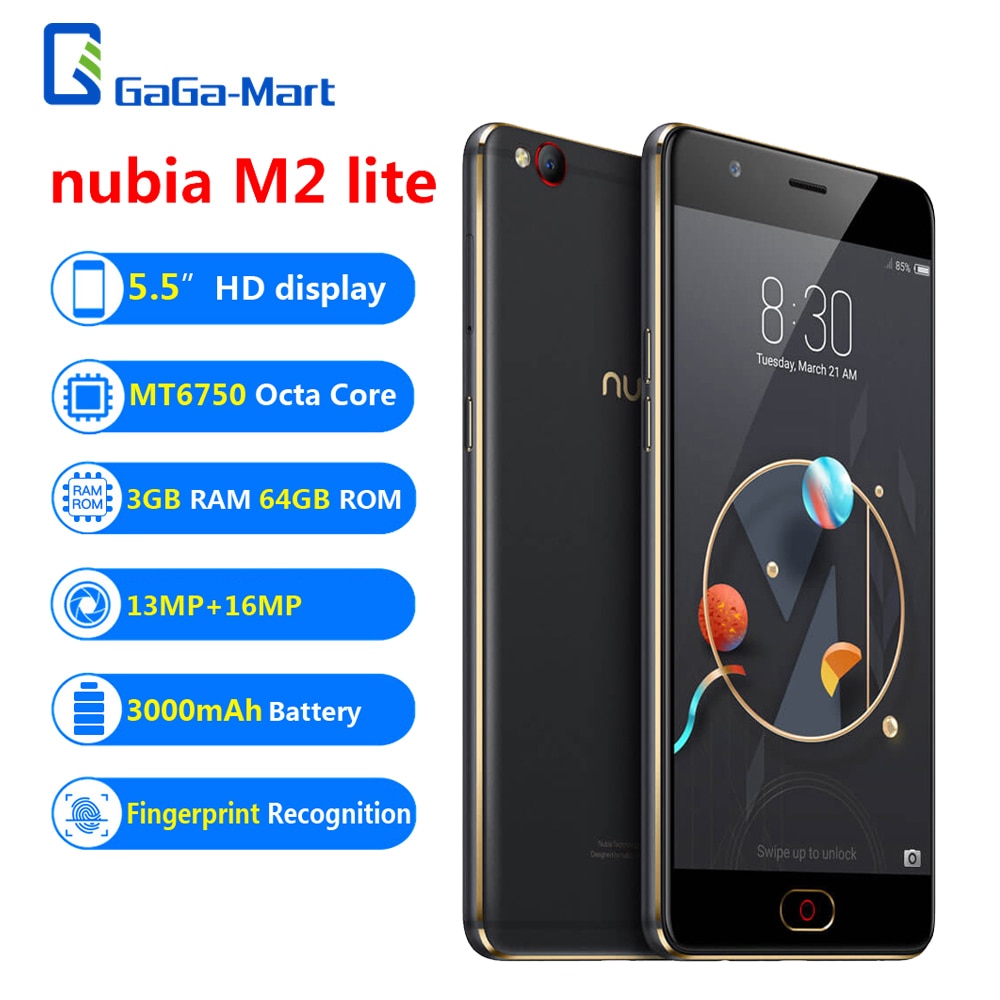 Original ZTE nubia M2 lite 4G Mobile Phone 5.5" MT6750 3GB+64GB 13MP+16MP 3000mAh Fingerprint Recognition Smartphone Black &Gold