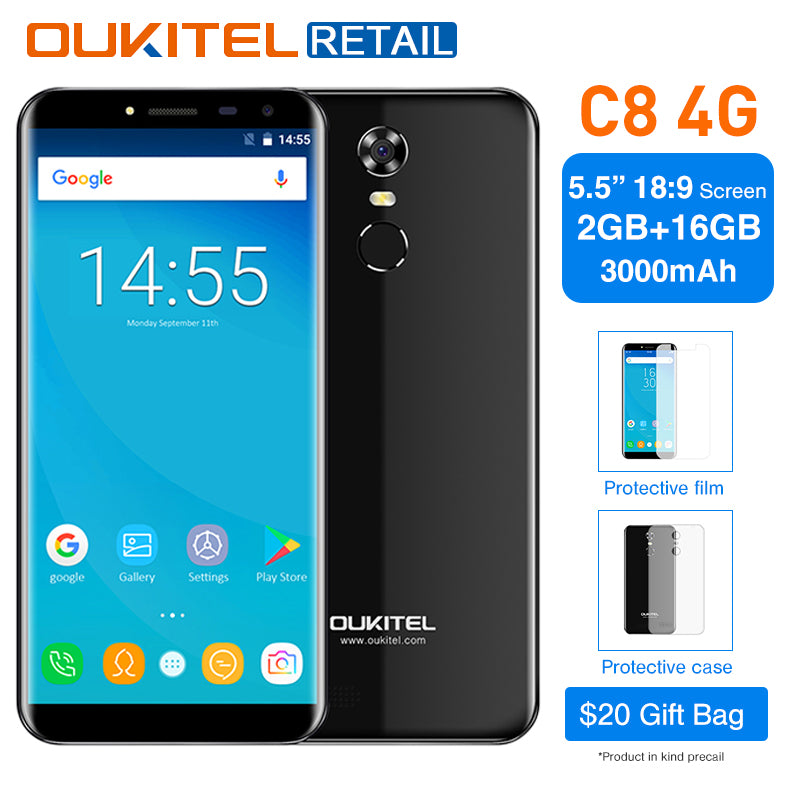 Oukitel C8 4G 5.5'' 18:9 Aspect Ratio Infinity Display mobile phone Android 7.0 2GB RAM 16GB Quad Core 3000mAh 13MP Fingerprint