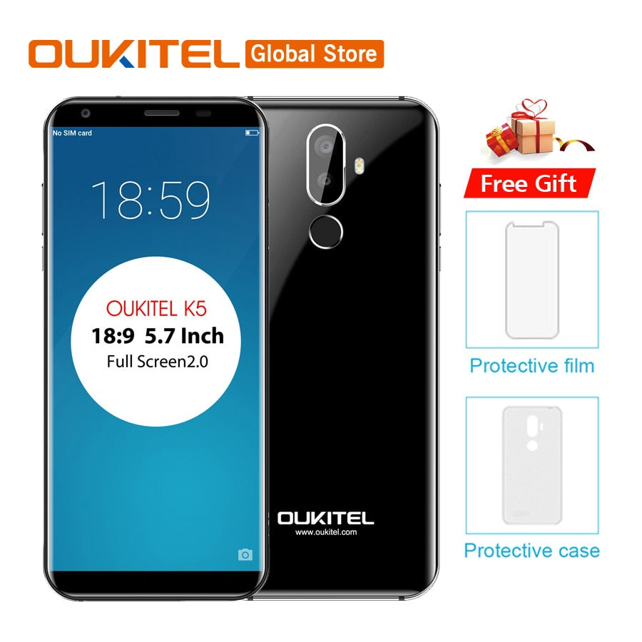 Oukitel K5 18:9 Display 5.7''HD Android 7.0 2GB RAM 16GB ROM MTK6737T Quad Core 13MP 3 Cameras 4000mAh Fingerprint Mobile Phone