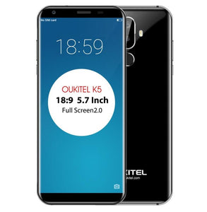 Oukitel K5 Mobile Phone 18:9 full screen 5.7'' 2GB RAM 16GB ROM MTK6737T Quad Core 8MP 3 Cams 4000mAh Android 7.0 Fingerprint